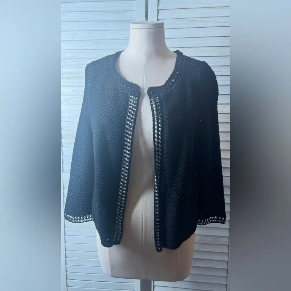 Chico’s Black Open Front Cardigan Silver Chain Detail Lightweight Boho Chic SM